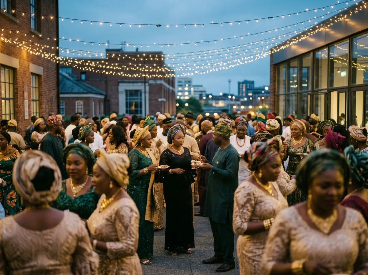 Guests in aso ebi and gele at an outdoor wedding reception under string lights