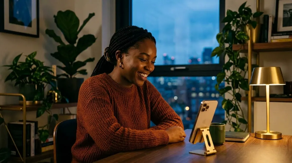 A woman laughing during an evening video call at her desk, city lights behind her