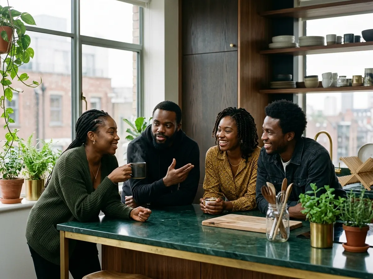 Four friends talking over coffee around a kitchen island in a flat abroad