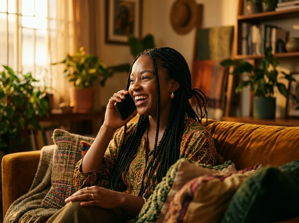 A woman laughing during a voice call on her sofa at home