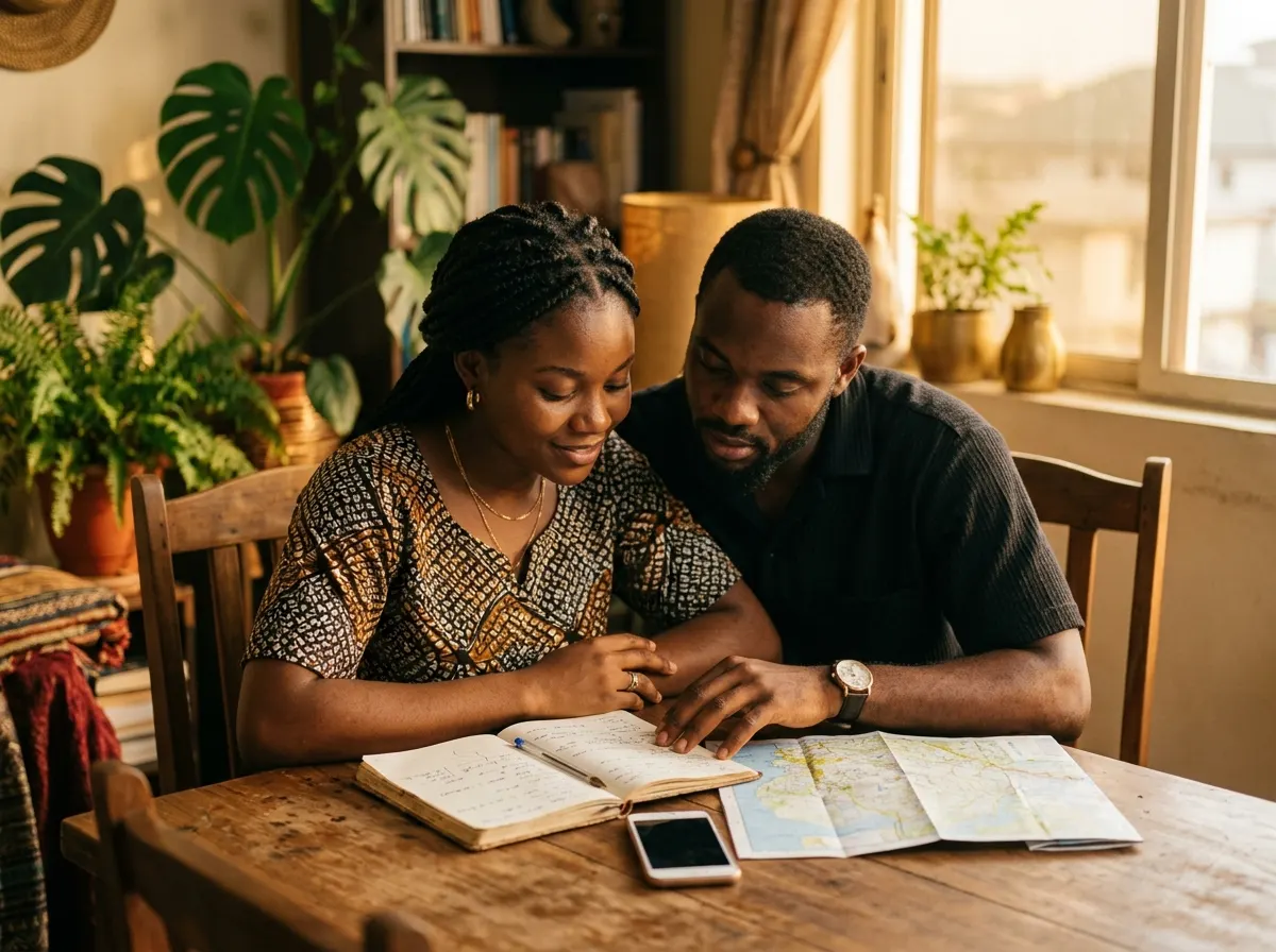 A couple planning together over a notebook and map at their dining table