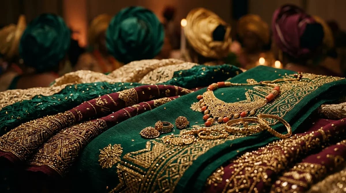 Traditional Nigerian wedding textiles, gele and gold jewellery laid out