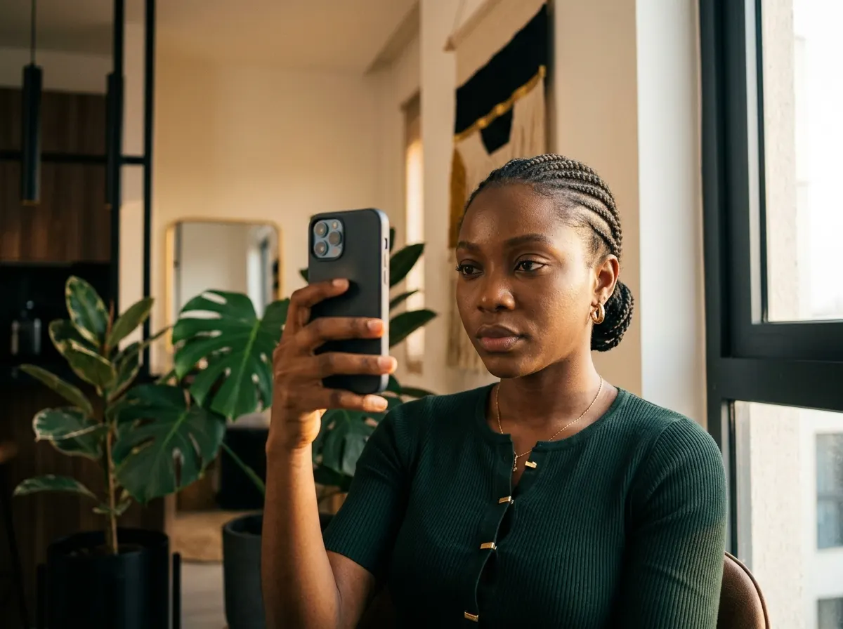 Woman holding her phone up for a selfie liveness check at home