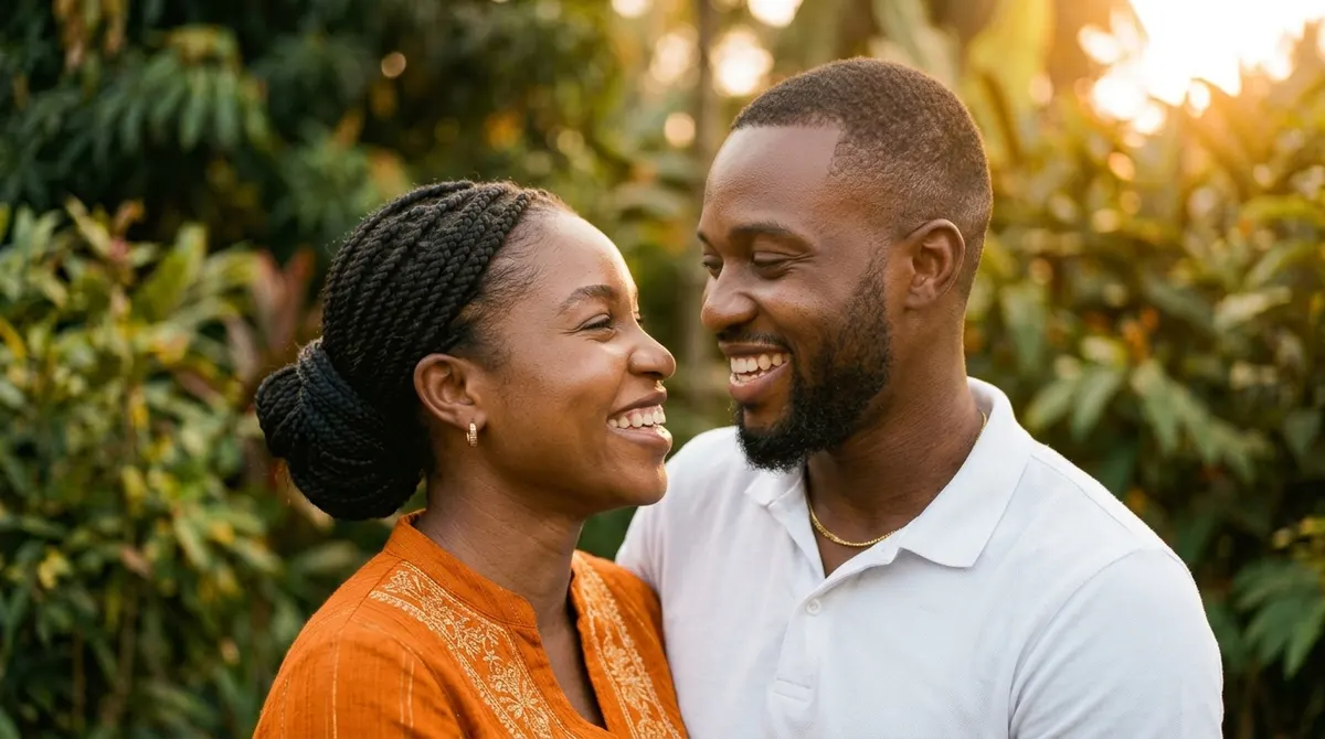 Ifeoma and Dapo laughing together outdoors in Port Harcourt at golden hour