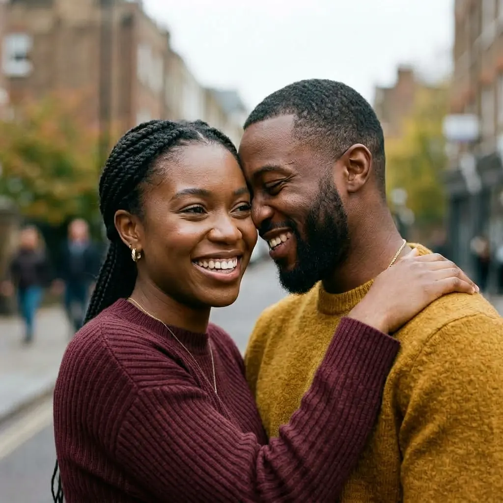 Seyi and Damilola embracing on an autumn street in Manchester