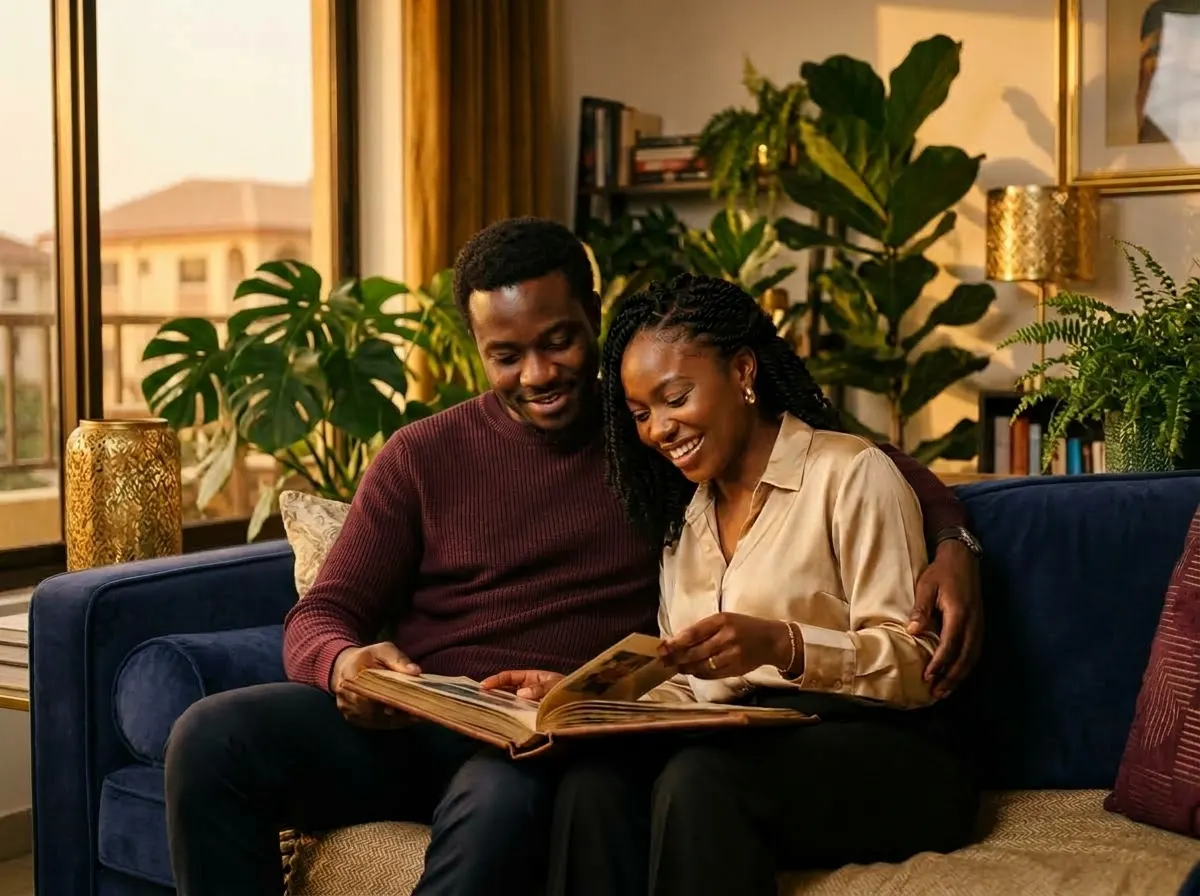 A couple on a sofa at home looking through a photo album together