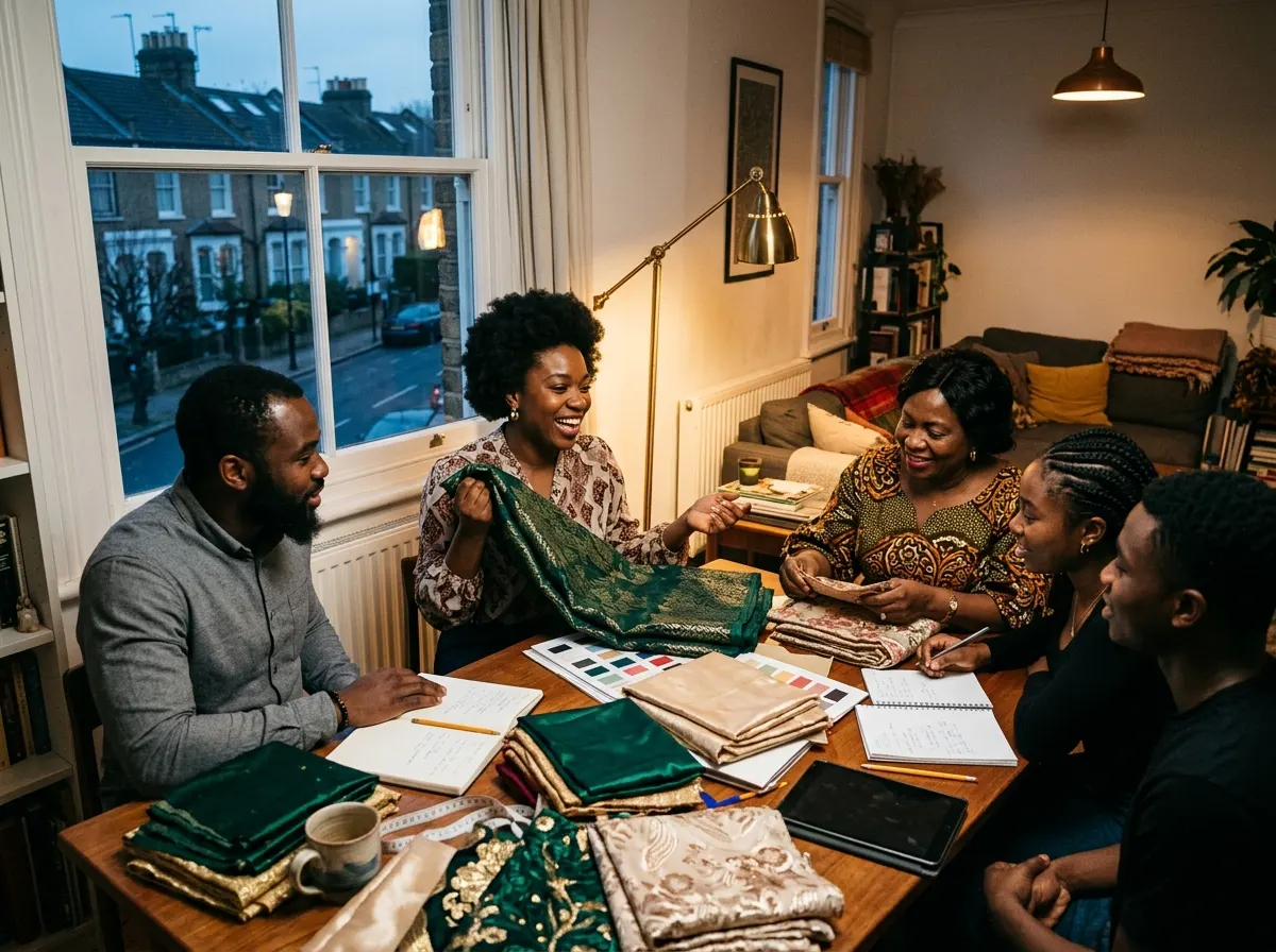 A family around a table choosing aso ebi fabrics and colour swatches